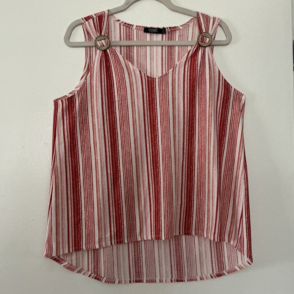 Cure Tank Top Womens Sz L Sleeveless Textured Wooden Button Red Pink Tan Striped